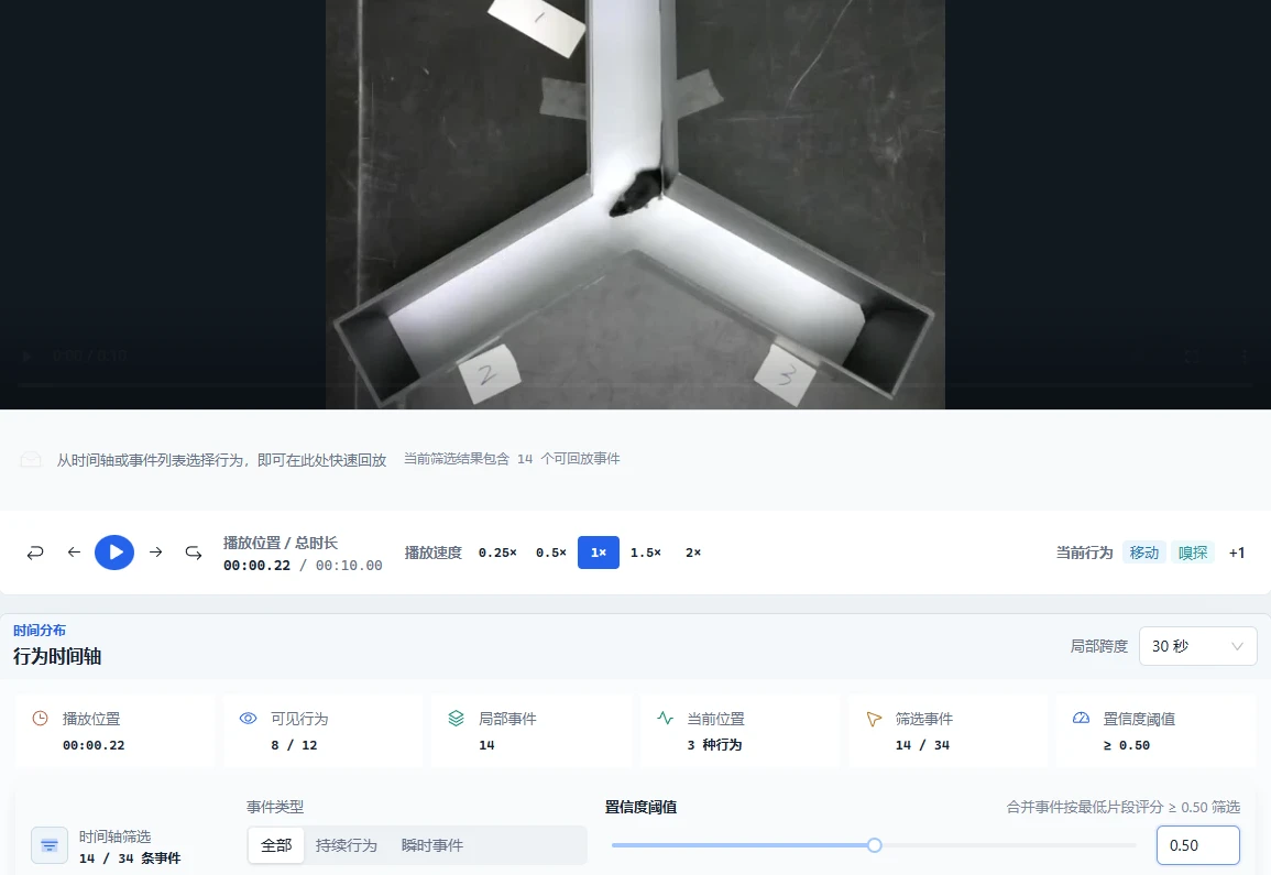 Behavior Analytics 实际软件工作区，包含 Y 迷宫视频、播放控制和行为时间轴