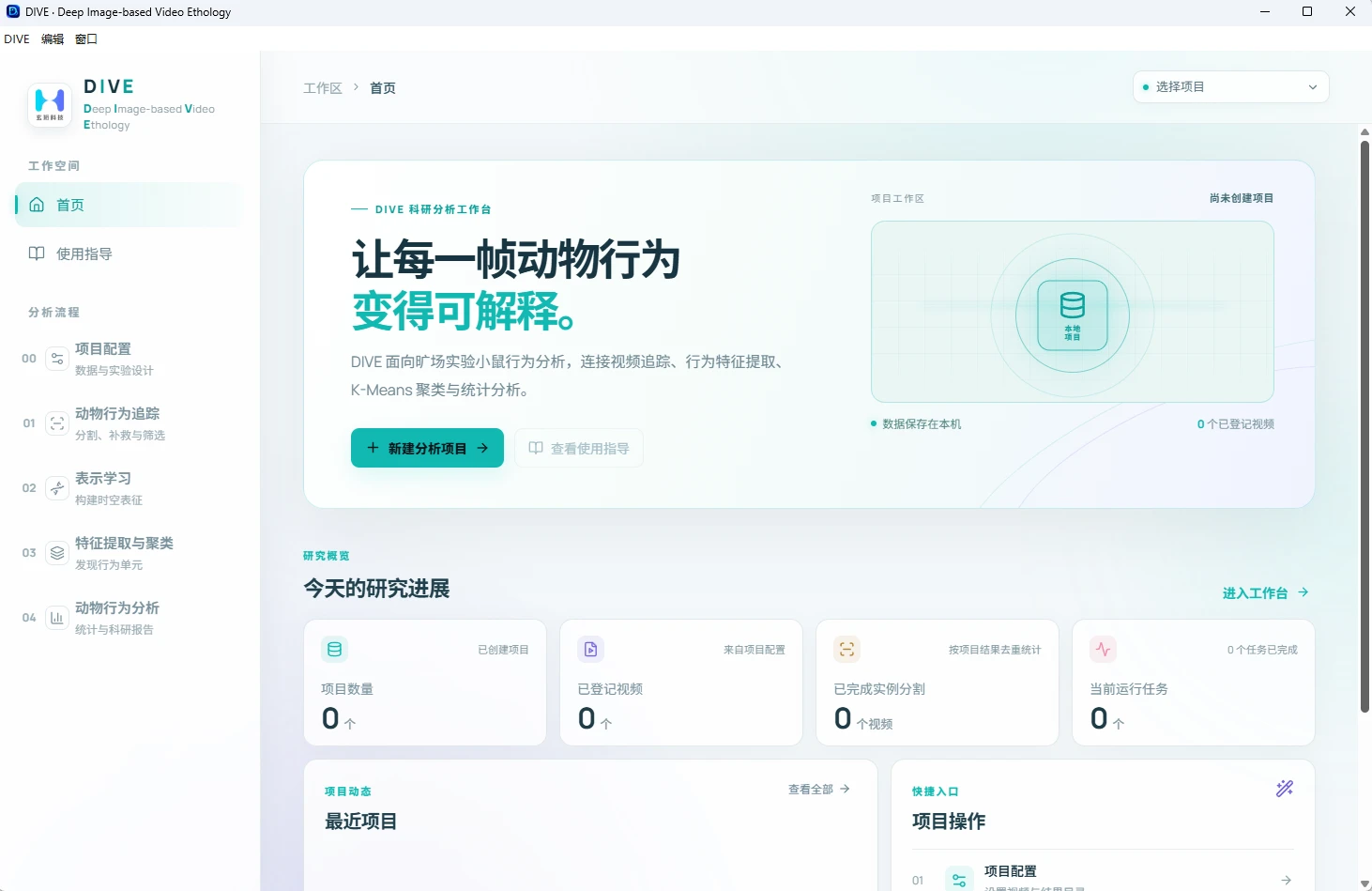 DIVE 说明书中的真实软件首页，展示项目入口和四阶段分析导航
